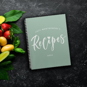 Slate Green White Brush Script Recipe Notebook