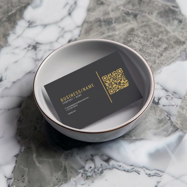 Slate grey and luxury gold QR code Business Card (Black business card with gold QR code, modern text, and minimalist layout.)