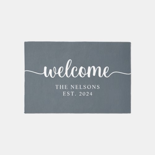 Slate Grey and White Married Family Name Welcome Rug