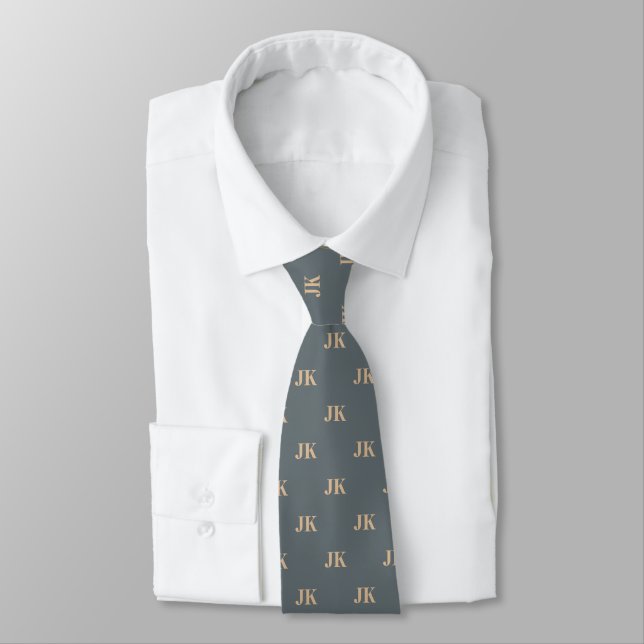 Slate Grey Coffee Latte Monogram Initials Pattern  Neck Tie (Tied)