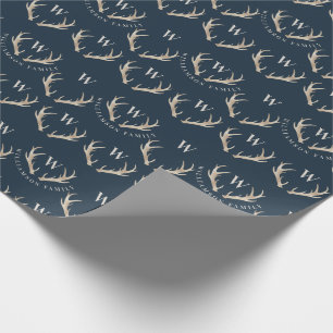 Slate Grey & Gold Antlers & Monogram Christmas Wrapping Paper