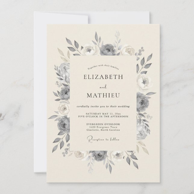 Slate Grey Refined Botanical Wedding Invitation (Front)