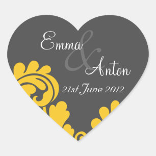 slate grey & yellow damask Save the date sticker