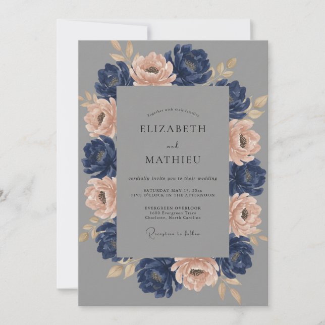 Slate Indigo Peony Wedding Invitation (Front)