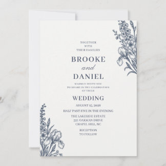 Slate Iris Delphinium Line Art Wedding Invitation