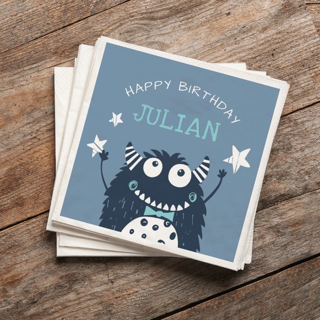Slate | Little Monster Personalized Birthday Party Napkins (Creator Uploaded)