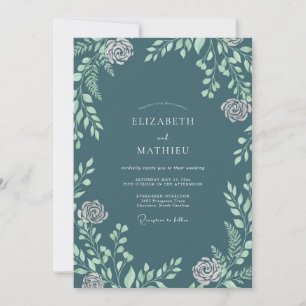 Slate Mint Leafy Wedding Invitation