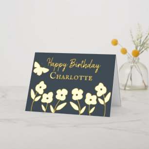 Slate Modern Flowers and Butterfly Custom  Foil Greeting Card