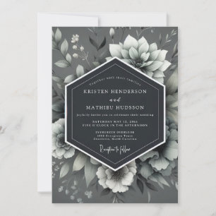 Slate Monochromatic Floral Wedding Invitation