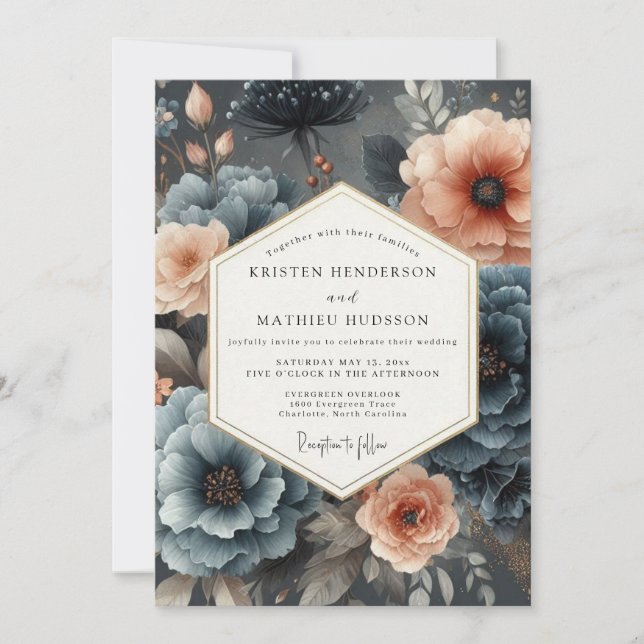 Slate Peach Lyrical Wedding Invitation (Front)