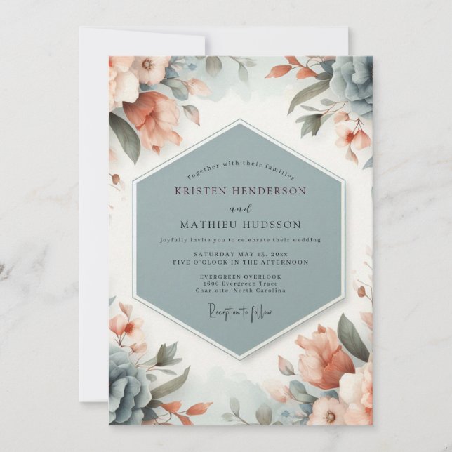 Slate Peach Painterly Wedding Invitation (Front)