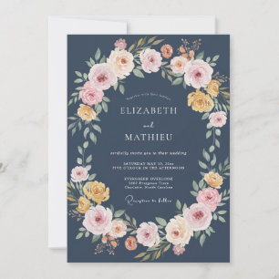 Slate Peach Wreath Wedding Invitation