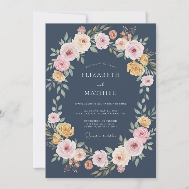 Slate Peach Wreath Wedding Invitation (Front)