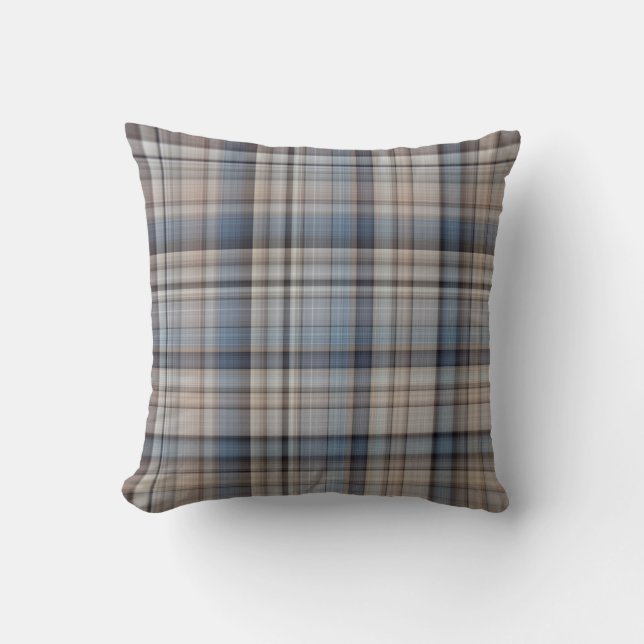 Slate Pebbles Blue, Brown, and Grey Plaid Throw Pillow (Front)