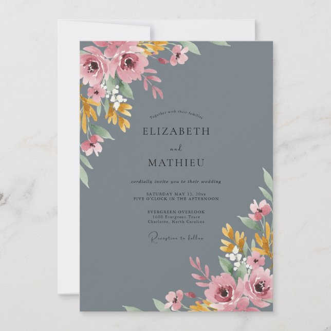 Slate Pink Peony Wedding Invitation (Front)