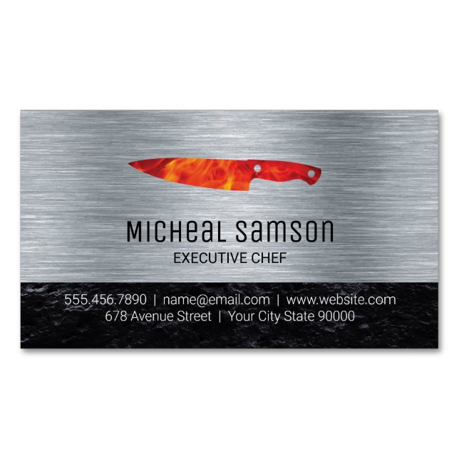 Slate Rock | Fire Knife | Chef | Metallic Business Card Magnet (Front)