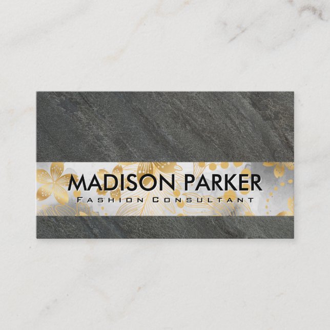 Slate Rock | Gold Floral Pattern Business Card (Front)