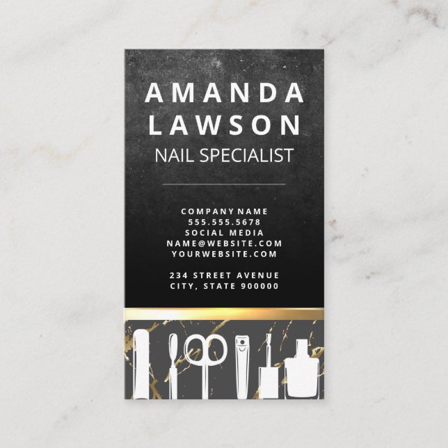 Slate Rock | Gold Metallic Trim | Manicure Tools Business Card (Front)