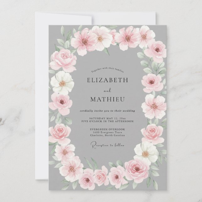 Slate Rose Blush Ranunculus Eucalyptus Wedding Invitation (Front)