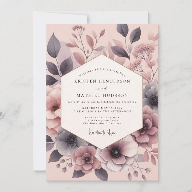 Slate Rose Painterly Bloom Wedding Invitation (Front)