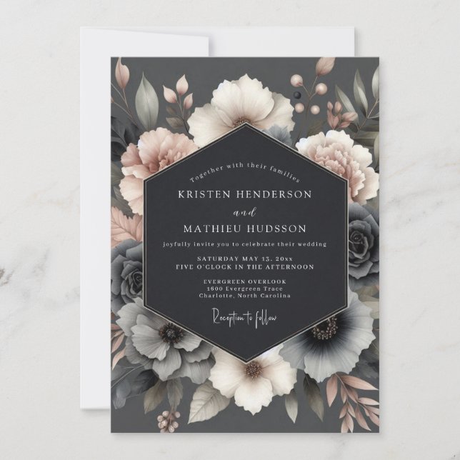 Slate Rose Somber Bloom Wedding Invitation (Front)