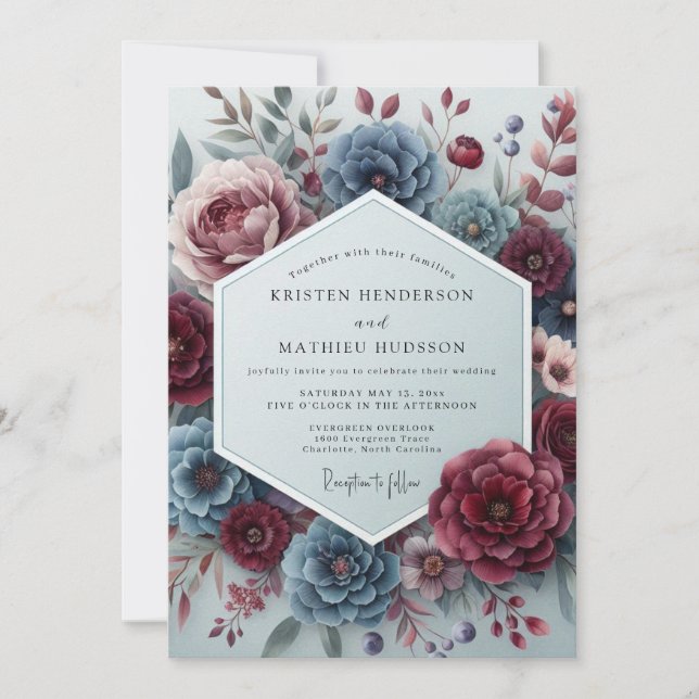 Slate Rouge Somber Flora Wedding Invitation (Front)