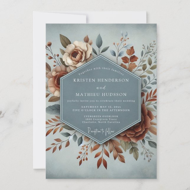 Slate & Rust Artistic Floral Wedding Invitation (Front)