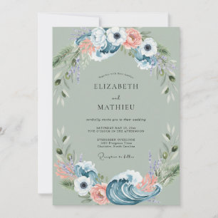 Slate Soft Coral Wreath Wedding Invitation
