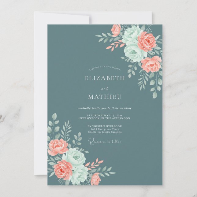 Slate Teal Botanical Modern Wedding Invitation (Front)
