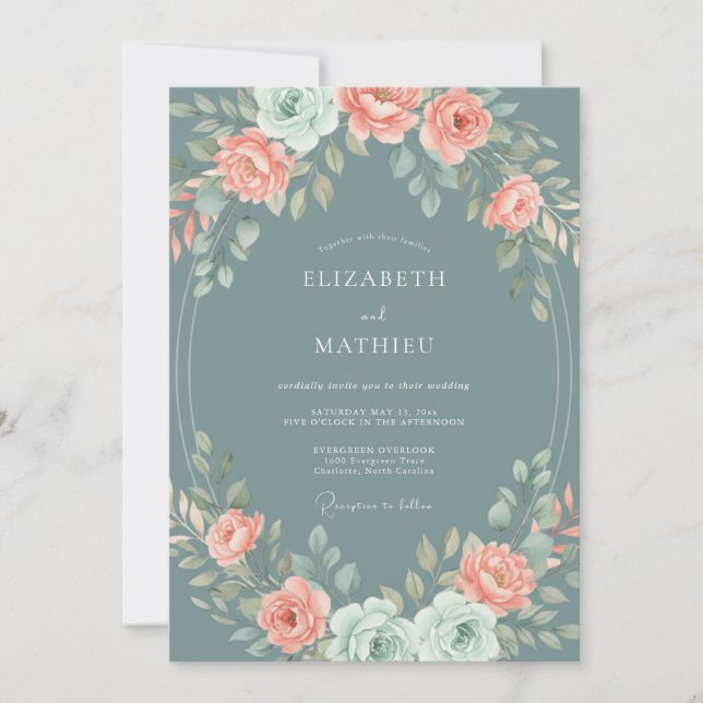 Slate Teal Elegant Botanical Wedding Invitation (Front)