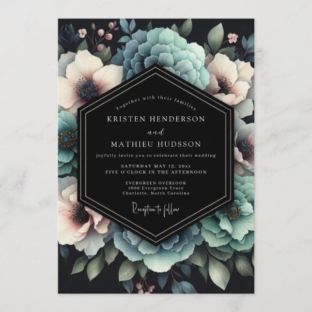 Slate Teal Opulent Anemone Wedding Invitation (Front)