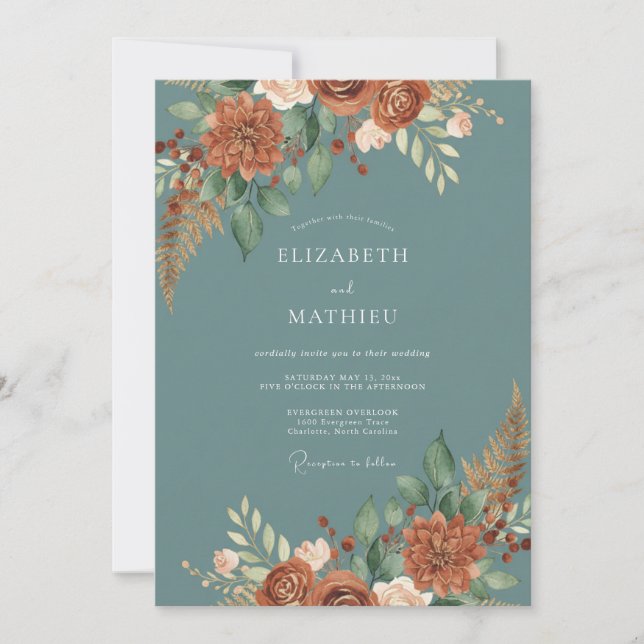 Slate Terracotta Dahlia Wedding Invitation (Front)