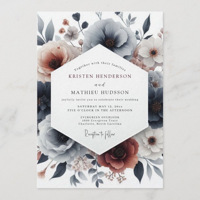 Slate Terracotta Moody Flora Wedding Invitation (Front)