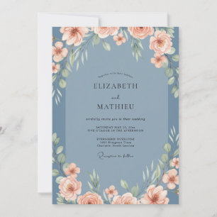 Slate Warm Coral Peony Wedding Invitation