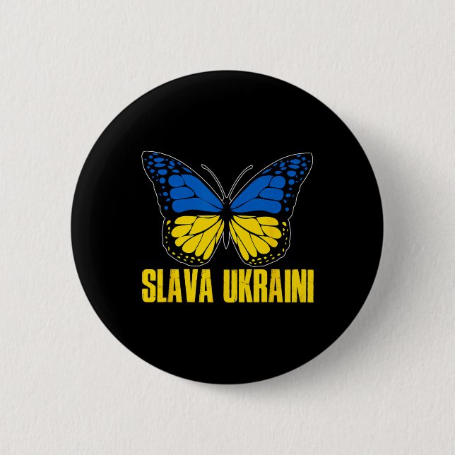 Slava Ukraini Support Ukraine Retro Ukrainian Flag Button (Front)