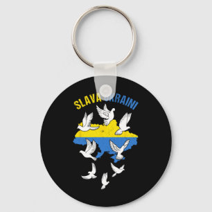 Slava Ukraini Ukraine Map Flag Doves Of Peace Free Keychain