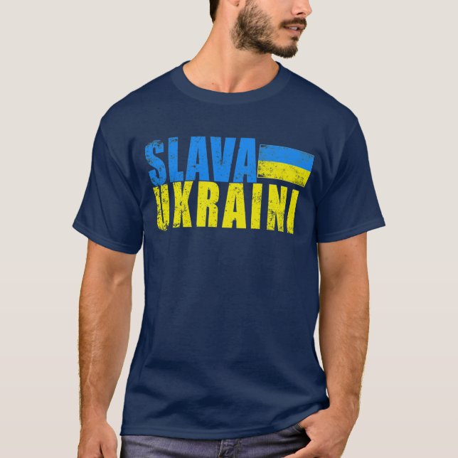 SLAVA UKRAINI with Ukrainian Flag Distressed T-Shirt (Front)