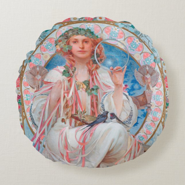 Slavia, Alphonse Mucha Throw Pillow (Front)