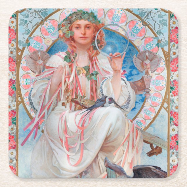 Slavia, Mucha Square Paper Coaster (Front)