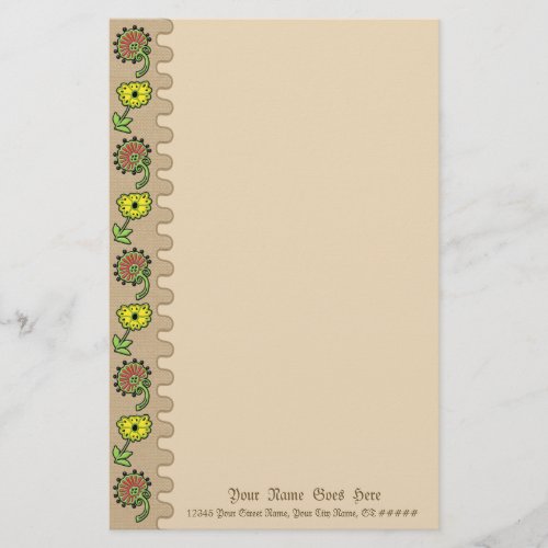 Slavic Embroidered Flowers on Tan Personalized Stationery