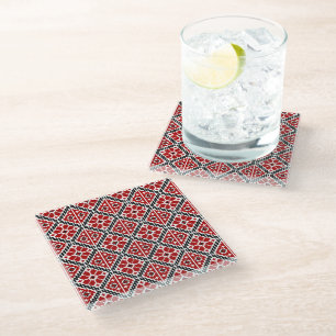 Slavic Ethnic Embroidery, Balkan Traditional Glass Coaster