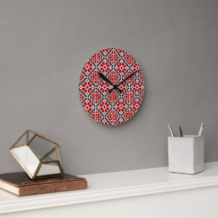Slavic Ethnic Embroidery, Balkan Traditional Round Clock