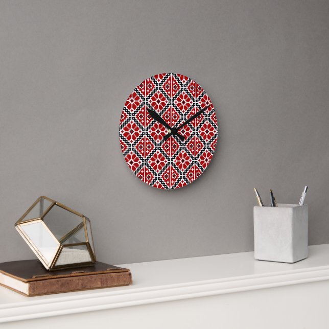 Slavic Ethnic Embroidery, Balkan Traditional Round Clock (Office)