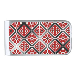 Slavic Ethnic Embroidery, Balkan Traditional Silver Finish Money Clip