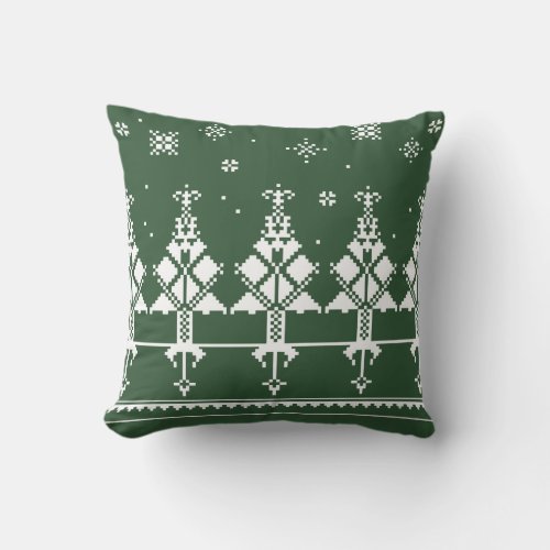 Slavic Folk Art  Winter Forest Green and White Throw Pillow