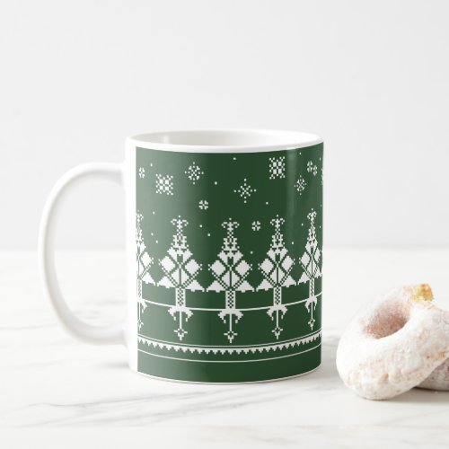 Slavic Winter Forest  Folk Art Green and White Coffee Mug