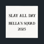 Slay All Day Custom Napkins –Girls Trip Party 2025<br><div class="desc">Bring fierce vibes to your girls trip or bachelorette party with these “Slay All Day” personalized napkins! Big bold text and an editable line let you rep your crew name and year — like “Bella’s Squad 2025.” Perfect for cocktails, beach brunches, and boss energy all weekend long. Soft, 3‑ply napkins...</div>
