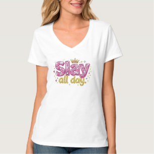 "Slay All Day" Glamorous Pink Diamond and Gold Gli T-Shirt