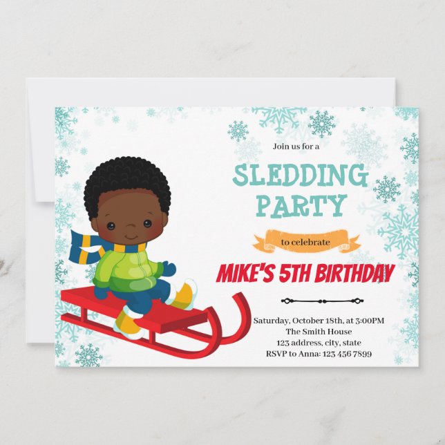 Sled boy birthday invitation (Front)