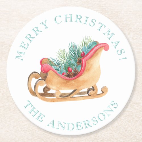 Sled Pine Floral White Merry Christmas Round Paper Coaster